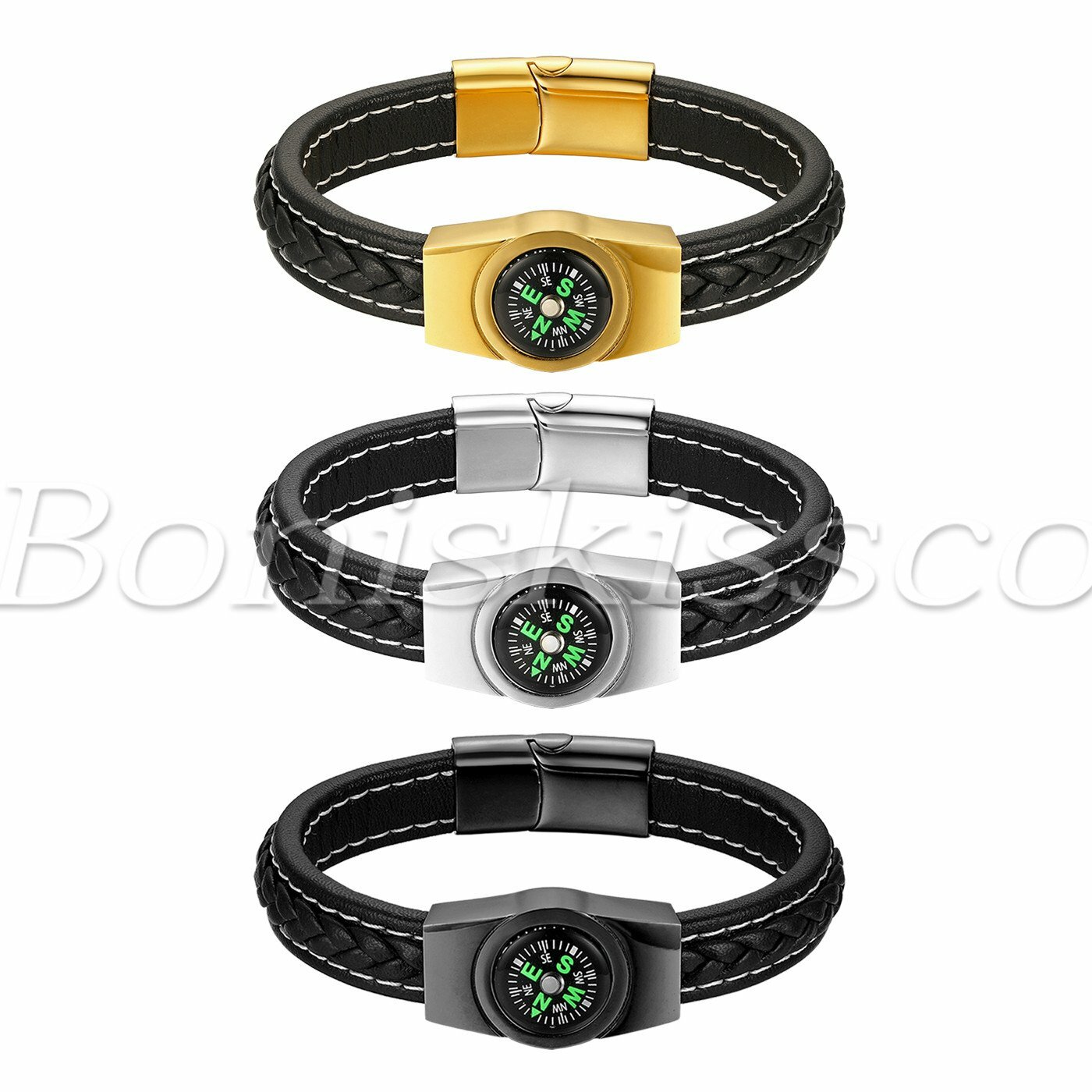 Men’s Punk Rock Outdoor Compass Braided Leather Bracelet Cuff Bangle Wristband