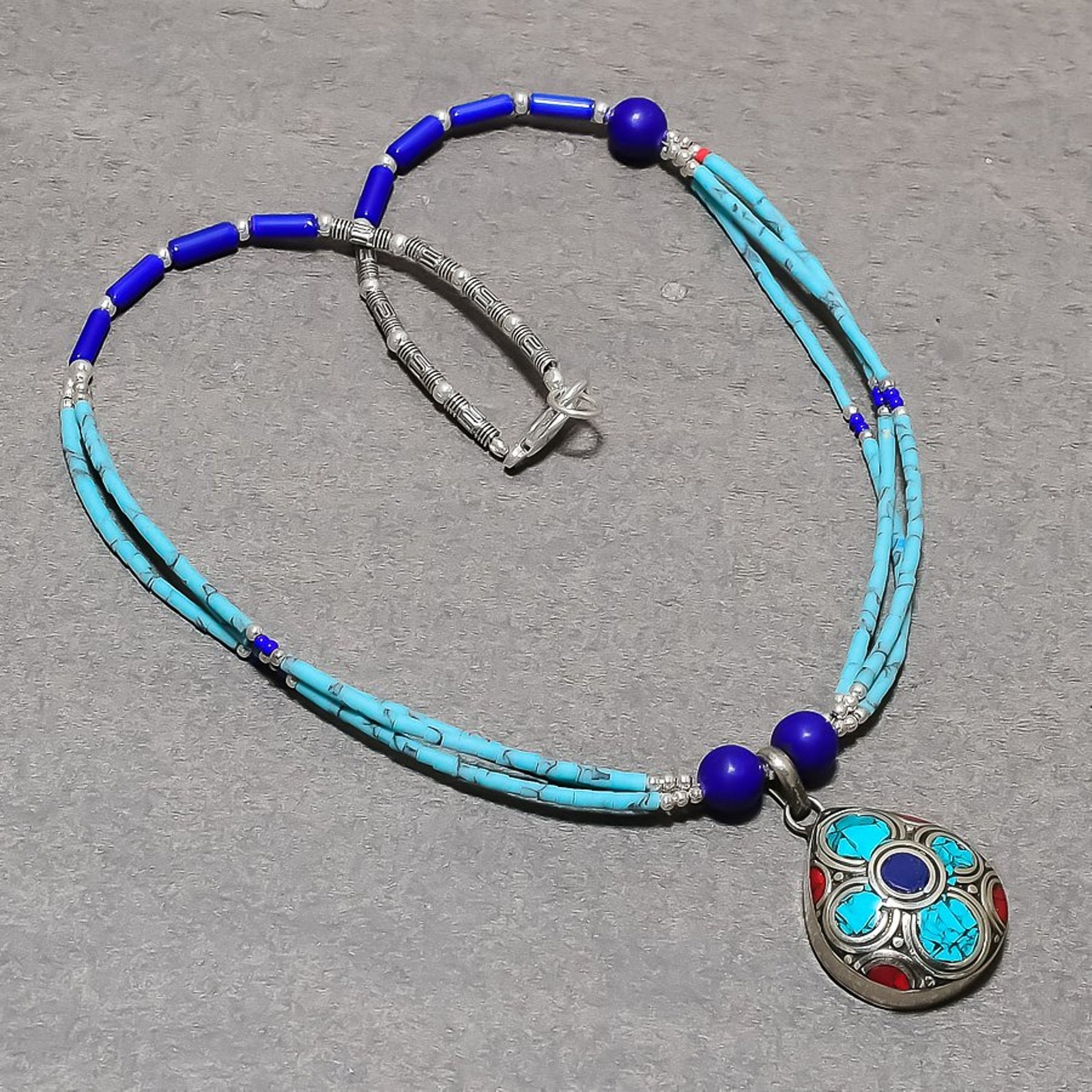 Lapis lazuli Turquoise Coral Necklace Bohemian Nepali Beaded Jewelry 18″ NA 770