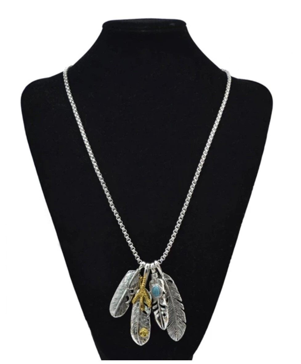 Stainless Steel Rounded Box 28 in Chain with 4 Feather Pendants