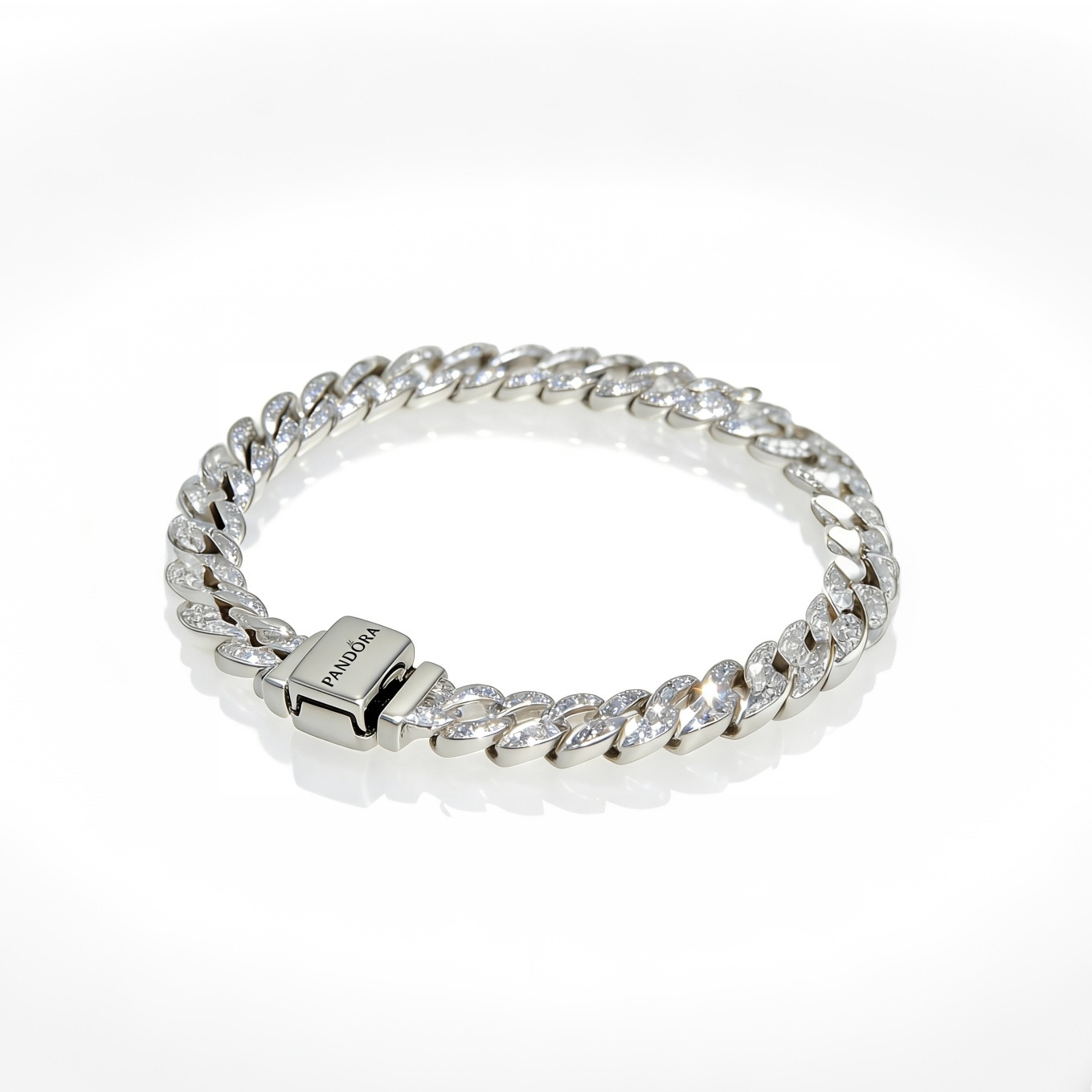 Pandora Timeless Authentic New Pavé Cuban Chain Silver Bracelet #593008C01 6.3in