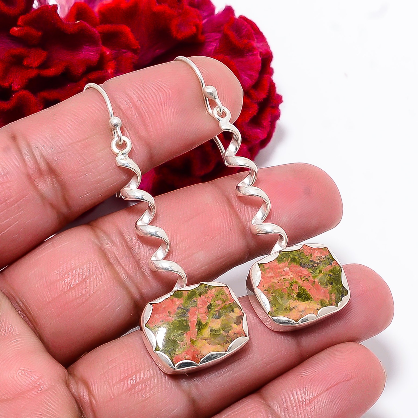 Natural Unakite Designer Handmade 925 Sterling Silver Earring 2.26″ E98510
