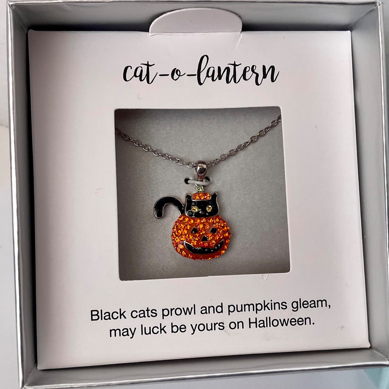 Halloween Black Cat & Pumpkin Necklace Pave Rhinestones Silver Tone 18” Chain