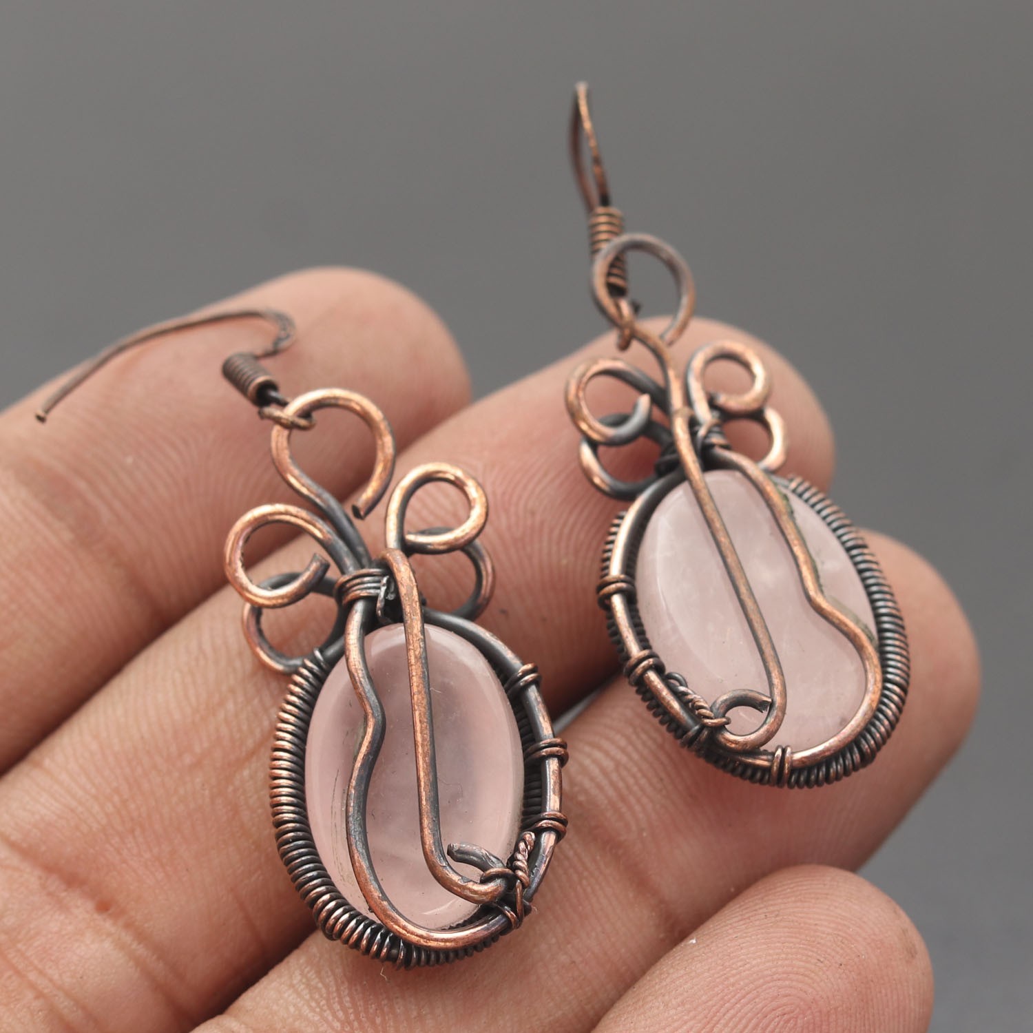Rose Quartz Gemstone Copper Wire Wrapped Handmade Earring Jewelry Gift For Wife