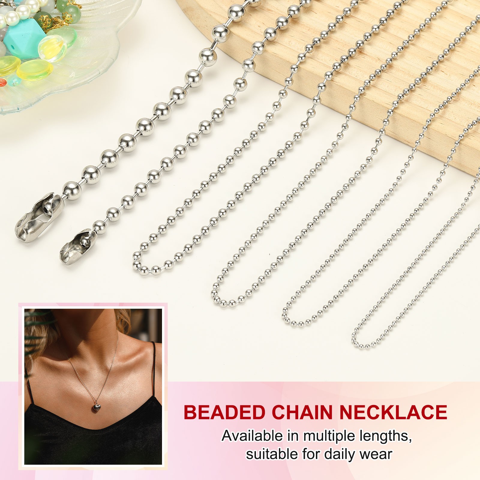 Silver-tone Beaded Chain Necklace, 8mm Bead Ball Necklace, 28 Inch Length