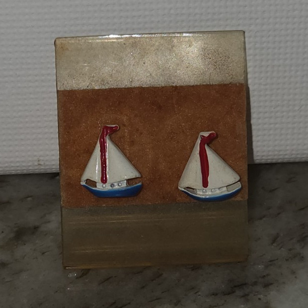 Sailboat Stud Earrings Enamel Metal White Red Blue Sea Life Beach Theme