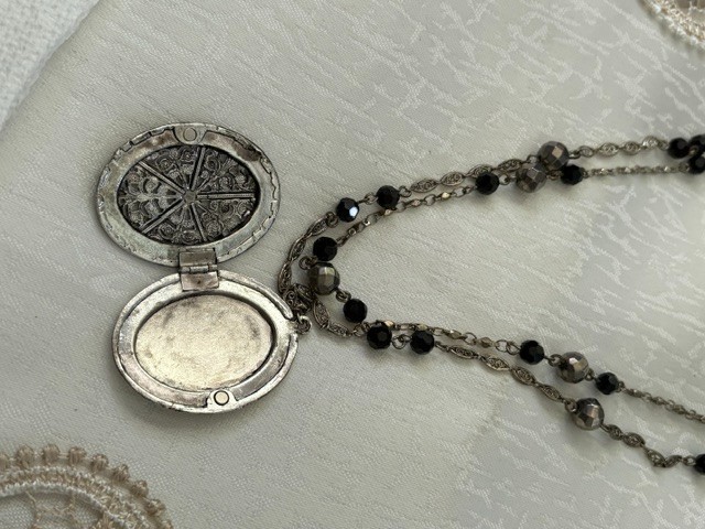 Ann Taylor LOFT 29” Double Chain Silvertone Filigree Necklace with Locket, 1.75″