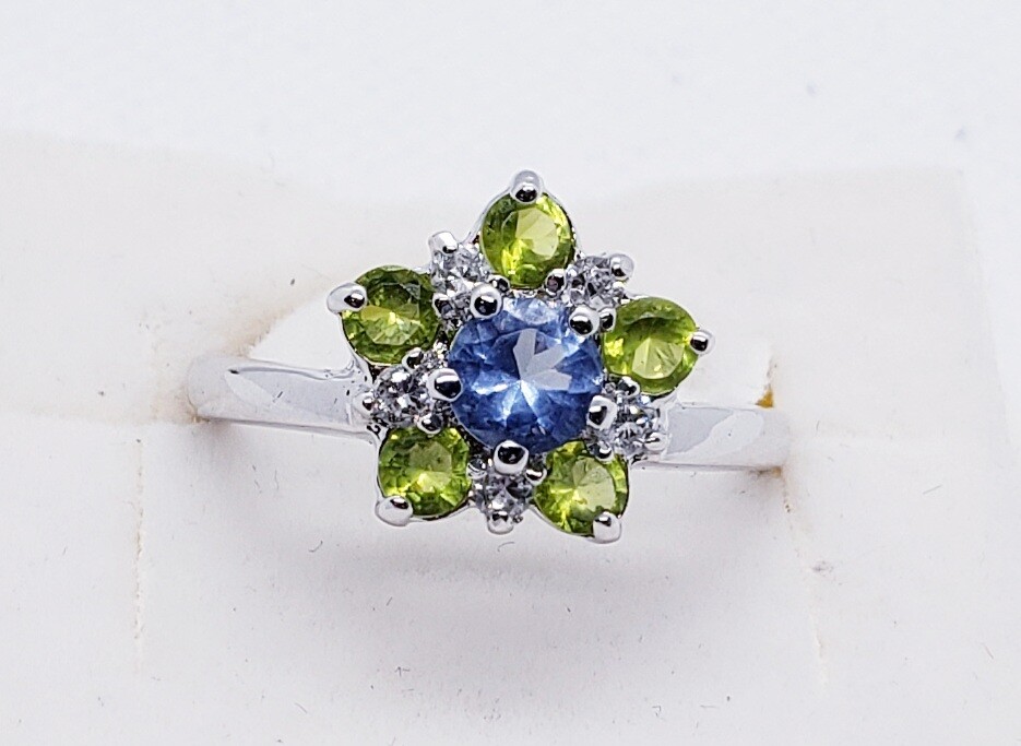 Solid 925 sterling silver Simulated Tanzanite, Peridot, and White CZ Ring IRN8