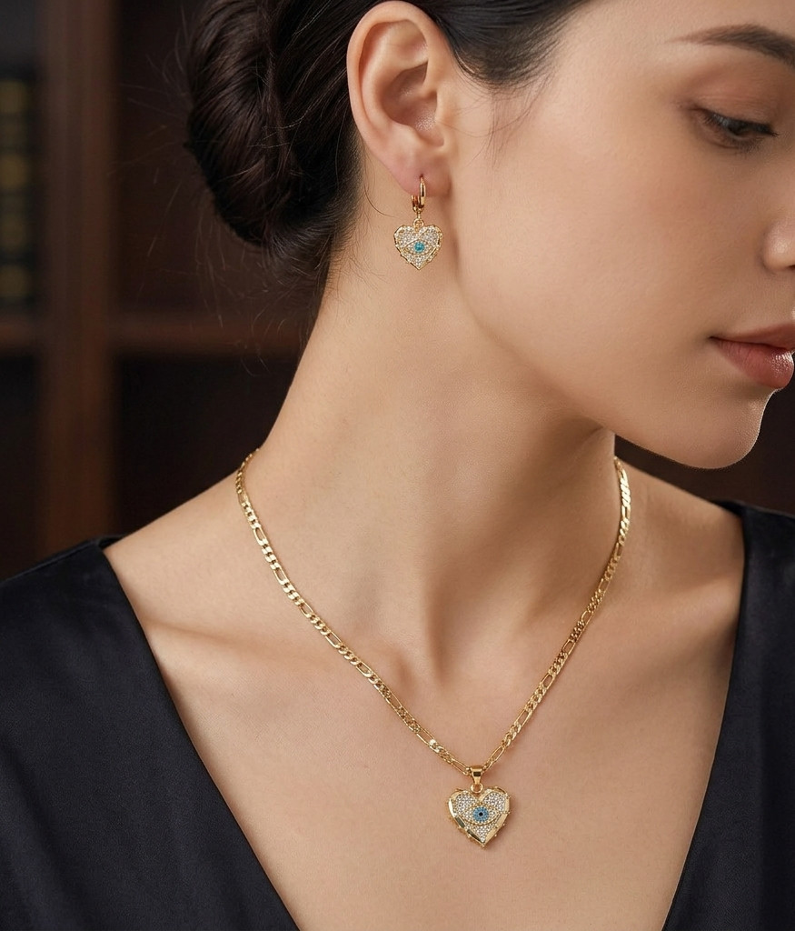 18K Gold Plated Evil Eye Heart Pendant Necklace Huggie Earrings Jewelry Set