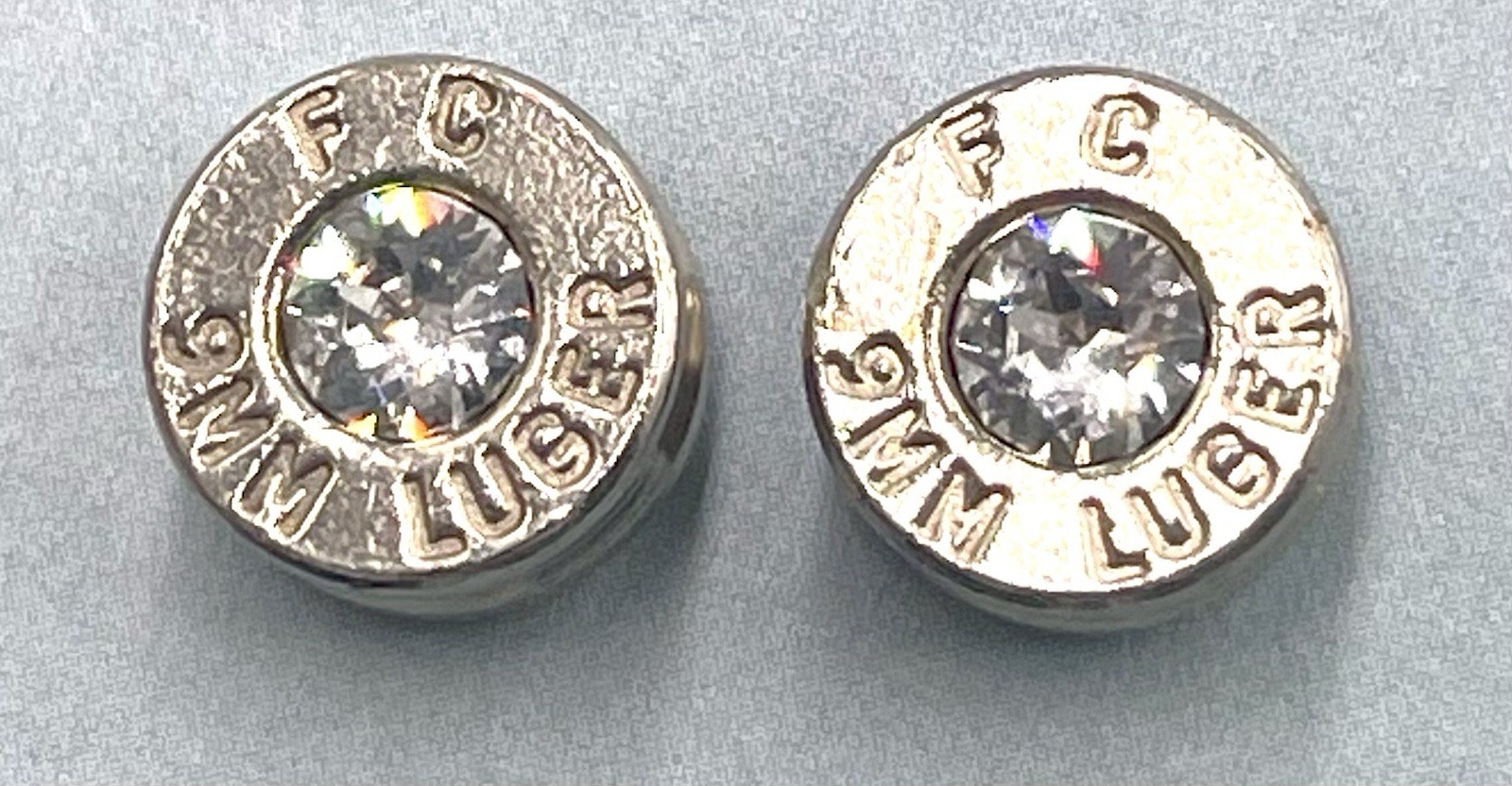 Bullet Casing Stud Earrings 9MM Swarovski Crystal Replacing Primers Silver Tone