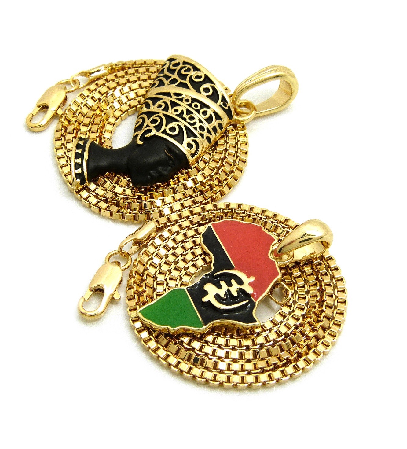 Gye Nyame Africa Map, Nefertiti Pendant 16″- 24″ Box Chain 2 Necklace Set RC3012