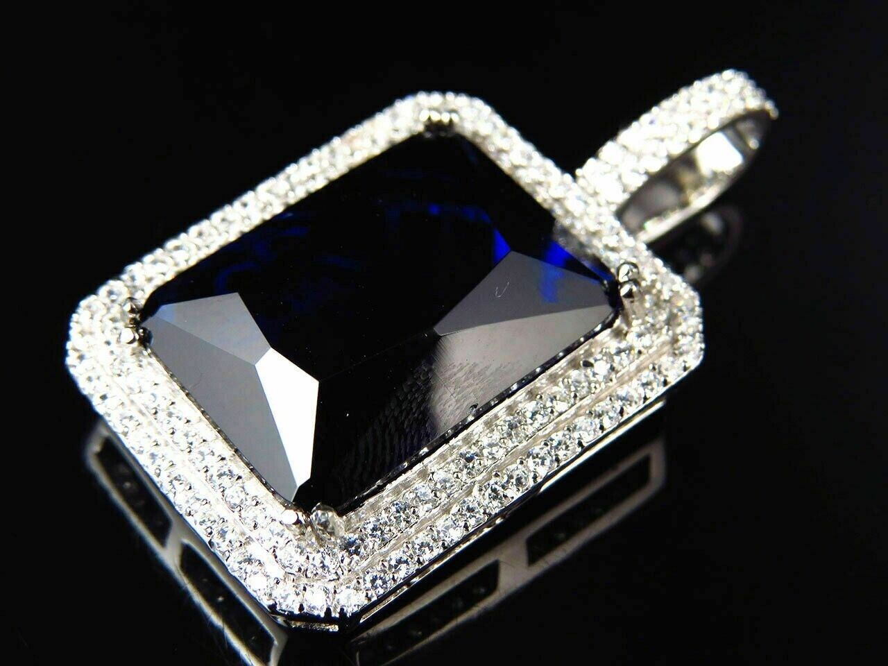 2.50 Ct Emerald Cut Simulated Blue Sapphire Halo Pendant 14K White Gold Plated.