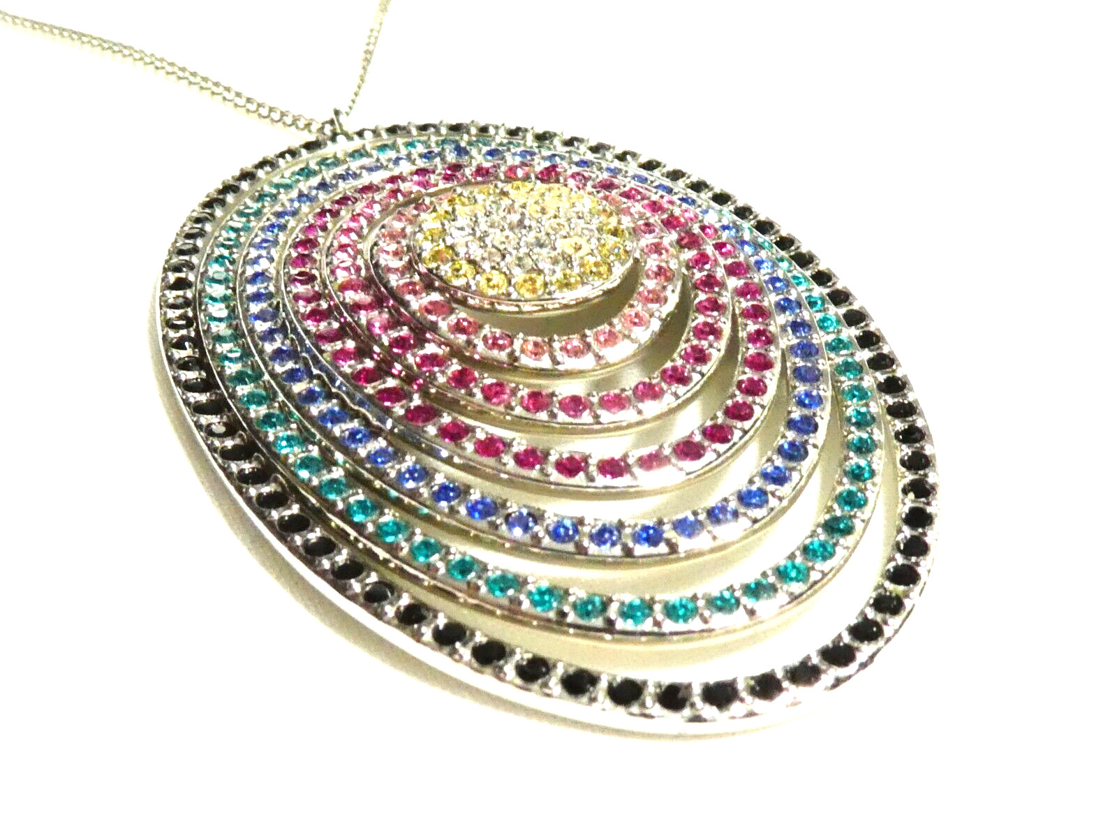 Swarovski Palladium Plated Large Oval Rainbow Crystal Studded Pendant NECKLACE
