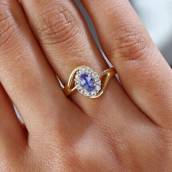 2.00 Ct Oval Cut Simulated Tanzanite Wedding Halo Ring 14K Yellow Gold Plated
