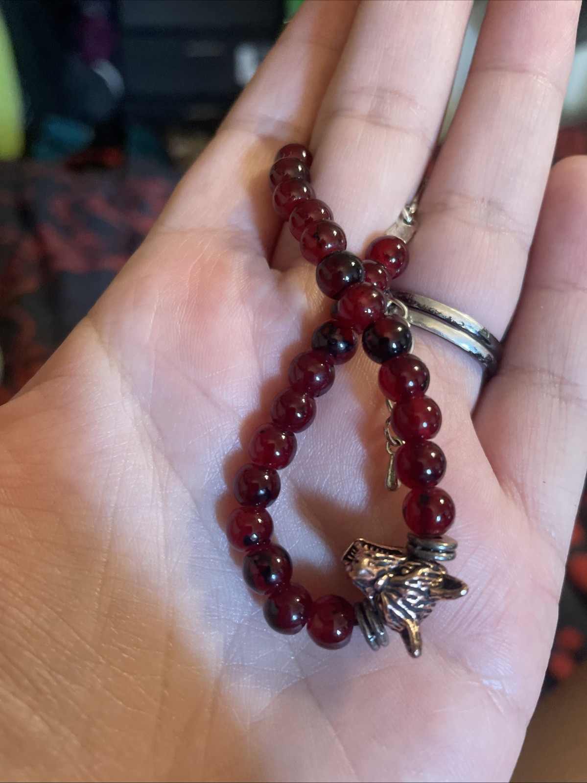 Red Glass Bead Bracelet With Metal Copper Color Wolf Head Charm Adjustable Size