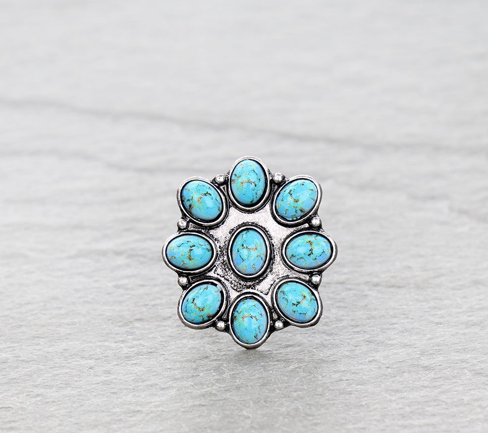 Statement Adjustable Cocktail Ring Silver Tone Blue Turquoise Flower Oval 10