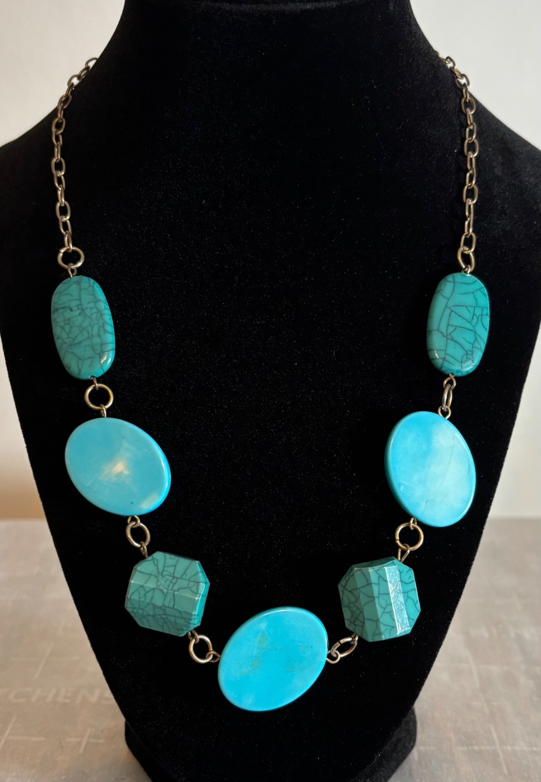 Faux Turquoise Necklace Various Shapped Blue/Green Beads 21”