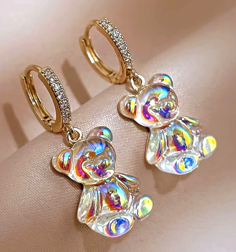 Adorable TEDDY BEAR Rhinestone Gold Clear Dangle Betsey Johnson Earrings