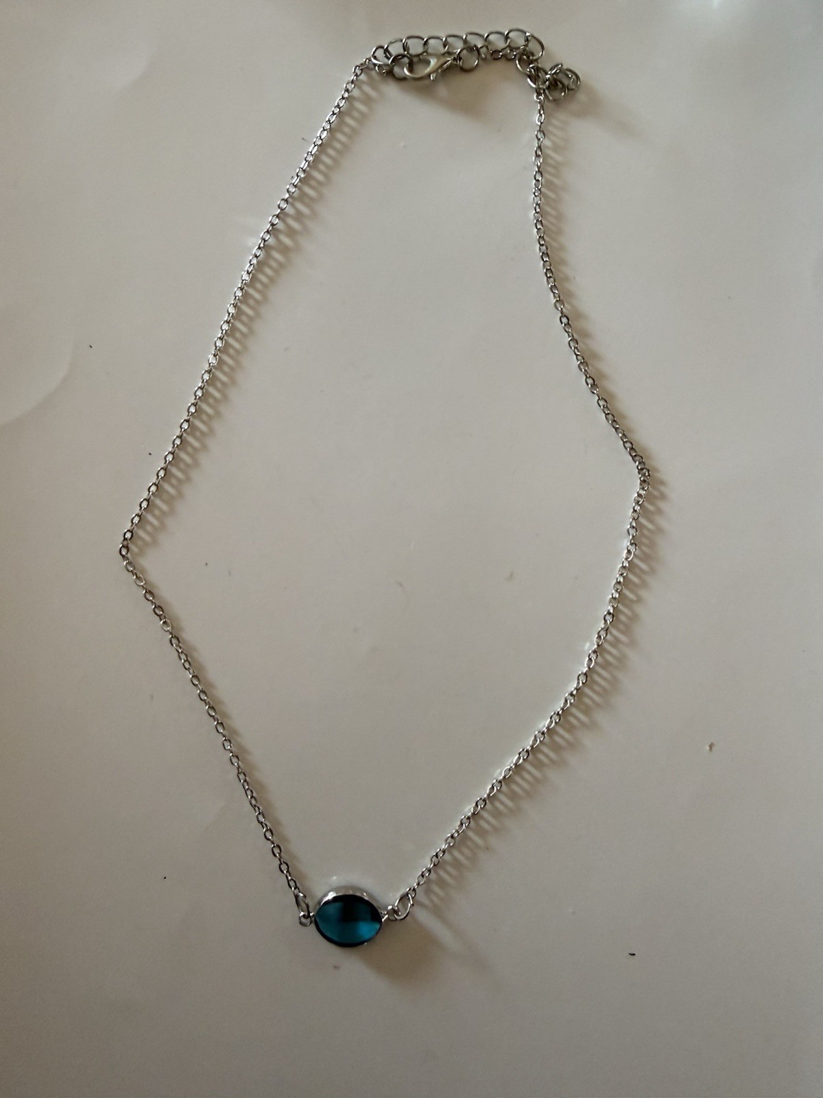 Minimalist Silver Tone Necklace with Round Blue Glass/Stone Pendant