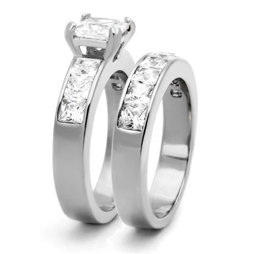 3.75CT Princess CZ AAA Stainless Steel Wedding Engagement Promise 2 Ring Set