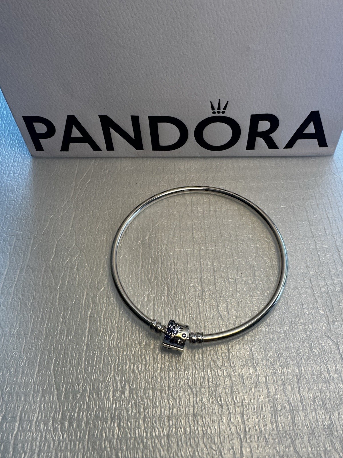 PANDORA Silver Bangle Charm Bracelet Stackable w/ Blue CZ European Clip Charm