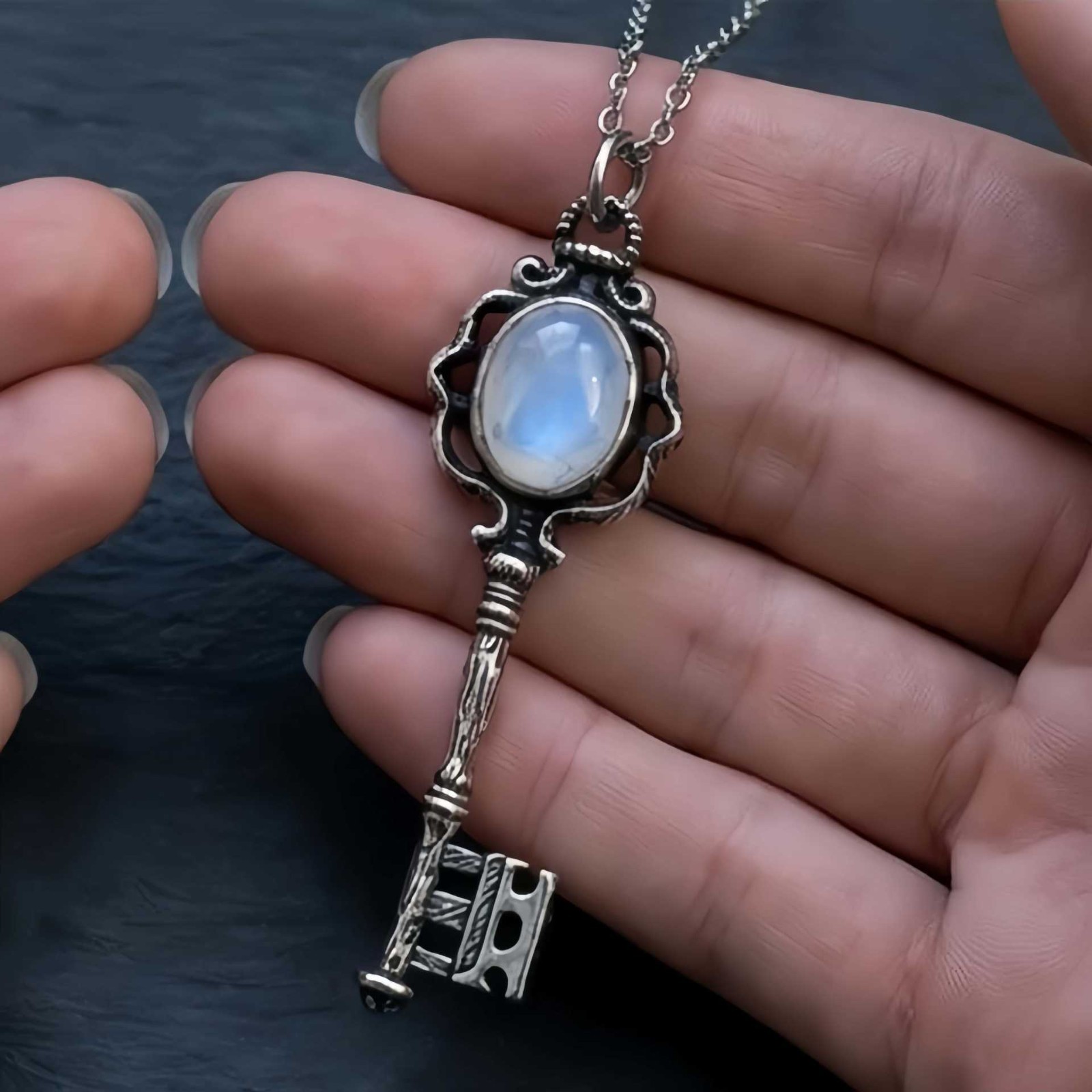 Vintage Moonstone Key Necklace Symbolic Wisdom Pendant Guardian Jewelry For Her