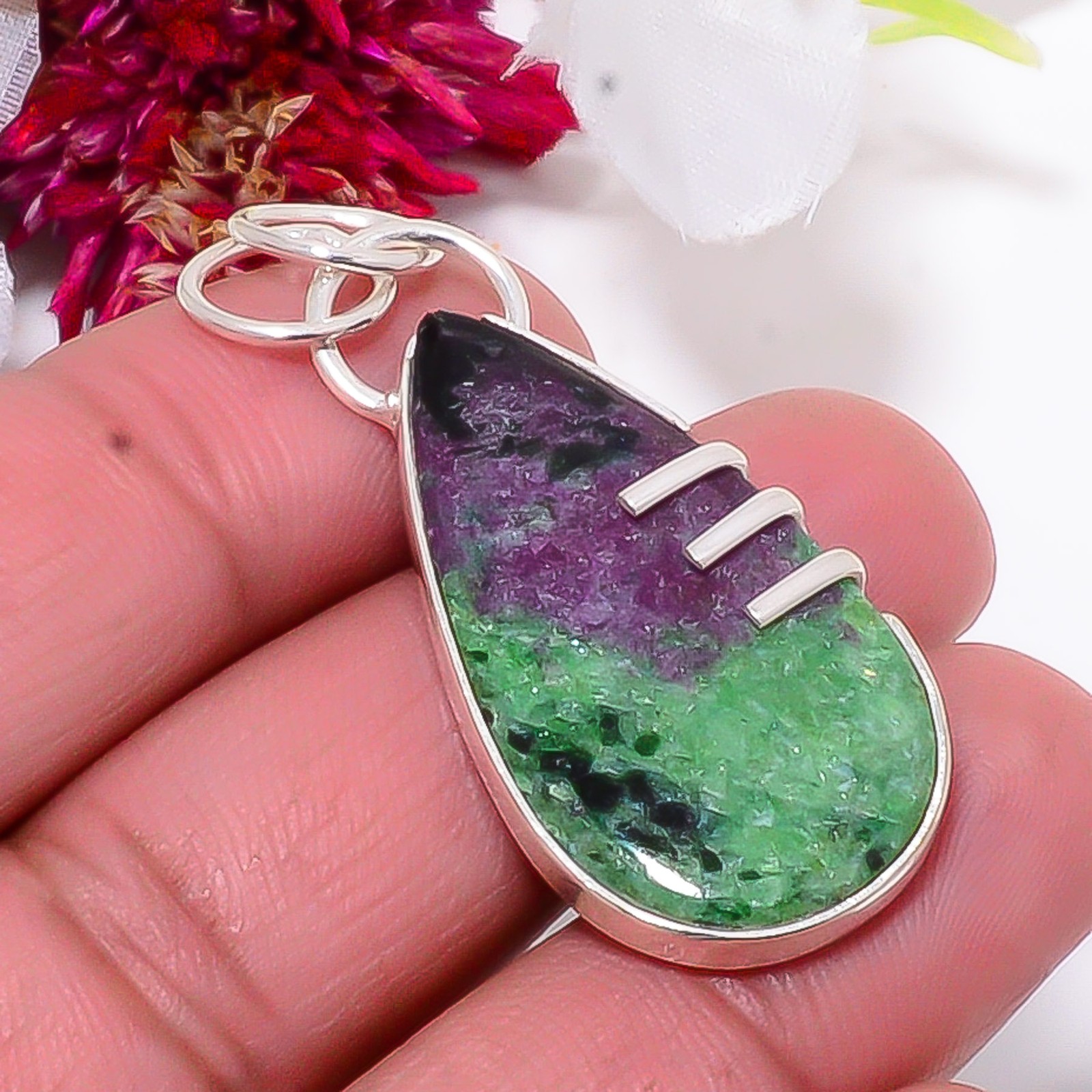 Natural Ruby With Zoisite – Tanzania 925 Sterling Silver Pendant 1.76″ sku27