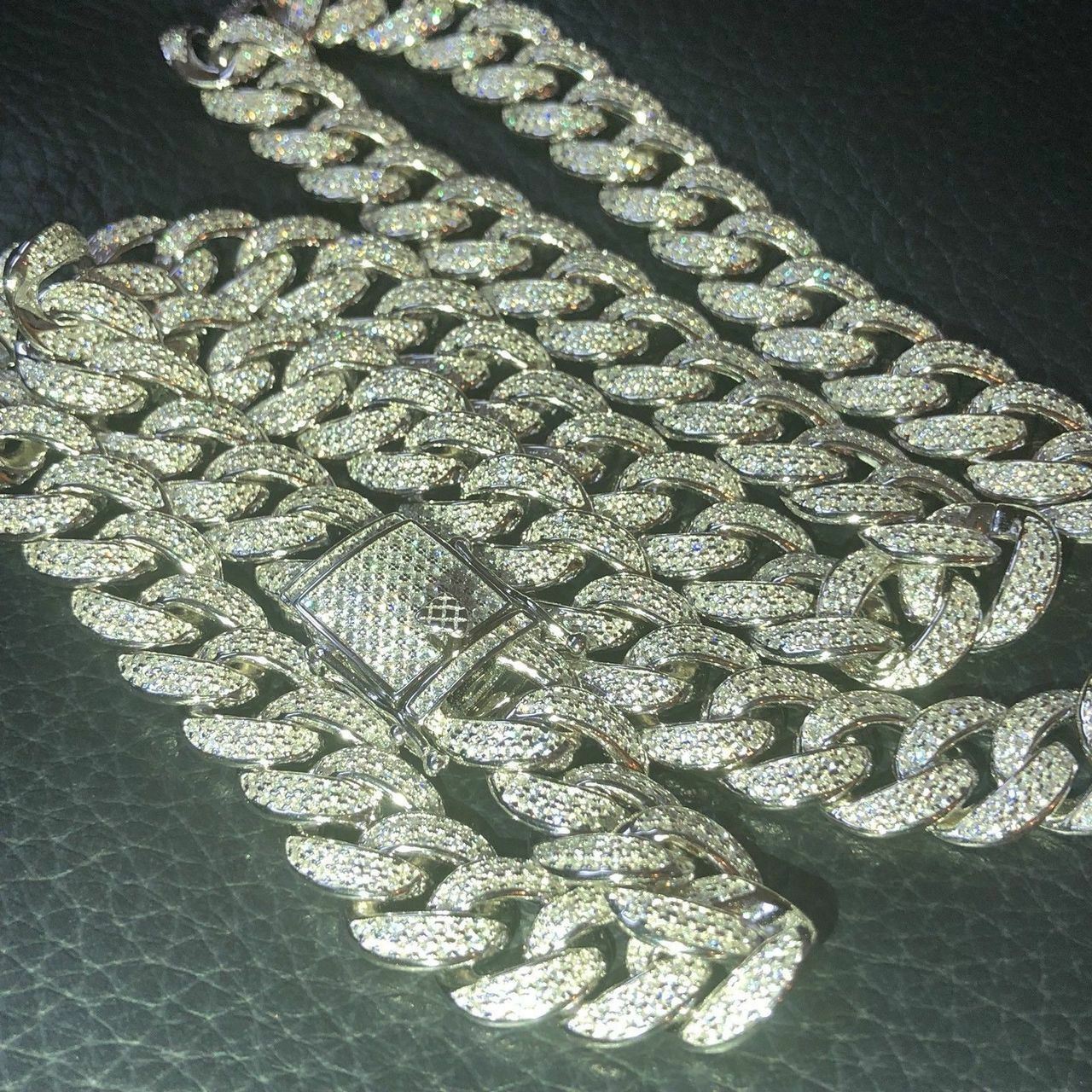 Mens Cuban Miami Link 12mm Chain 925 Silver 40-60ct Simulated Diamonds 18-30″