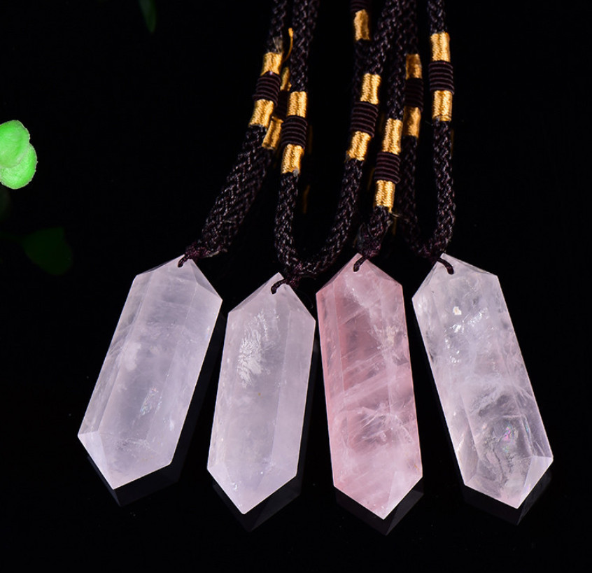Rose Quartz Crystal Hexagonal Point Pendant Healing Amulet Women Ladies Necklace