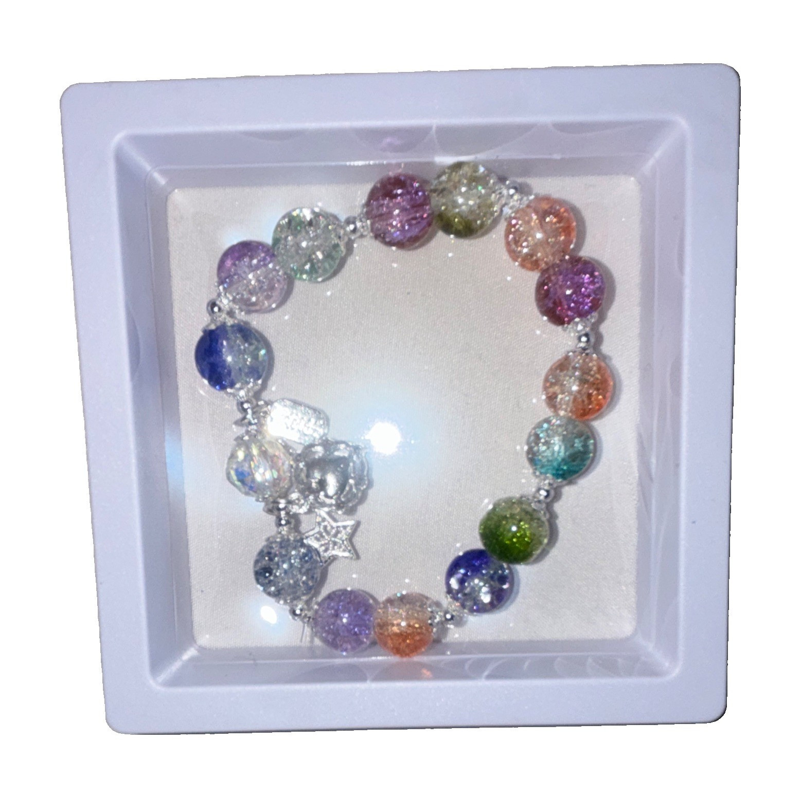 Multicolor Round Glass Crystal Beaded Dangle Charm Bracelet, Fashion Costume
