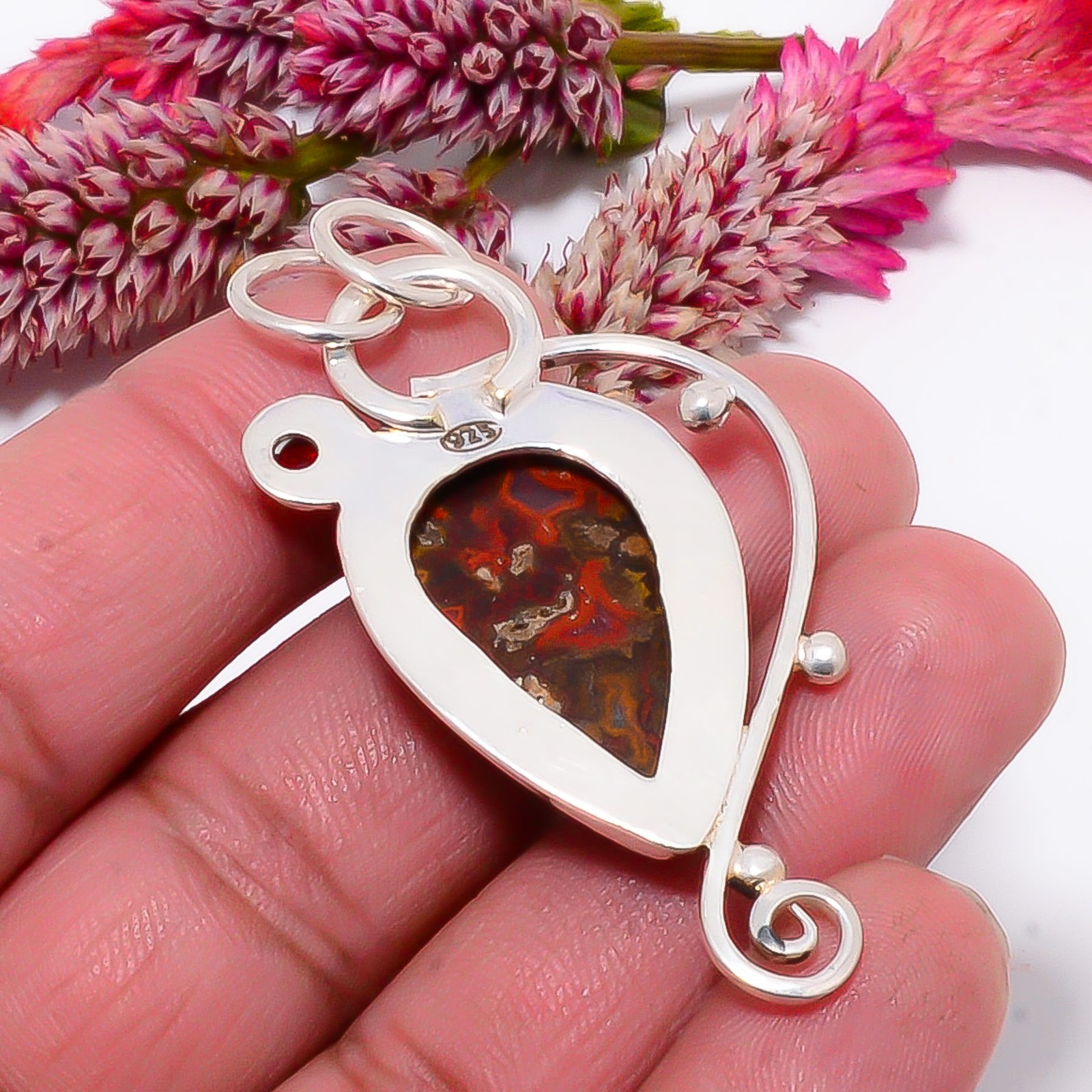 Seam Agate – Morocco & Red Garnet 925 Sterling Silver Pendant 2.26″ sku49