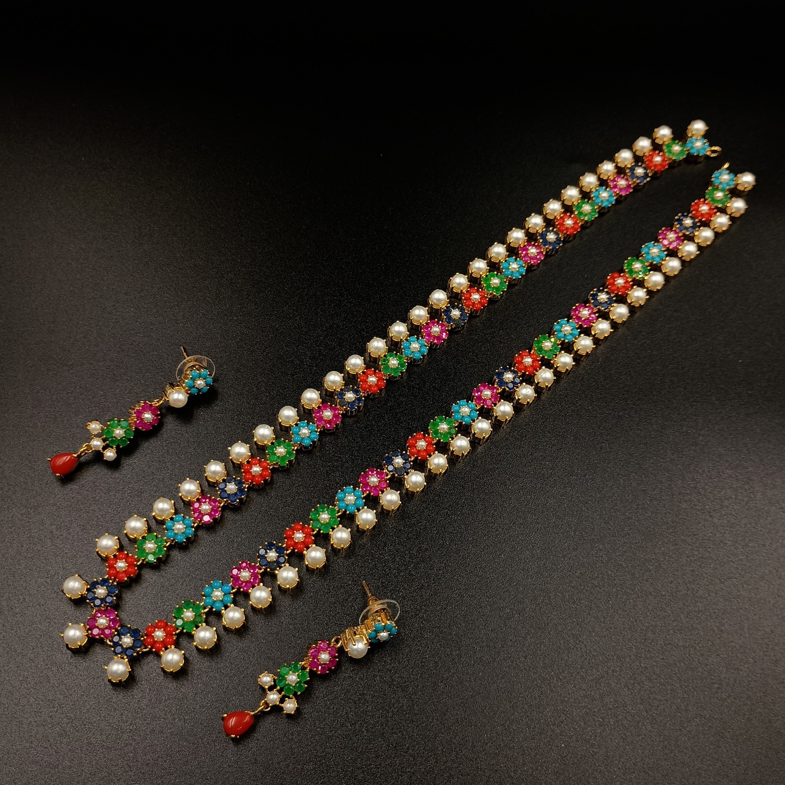 Long Navratan Necklace Set 22K Gold Plated Traditional Multi Gemstone Jewelry