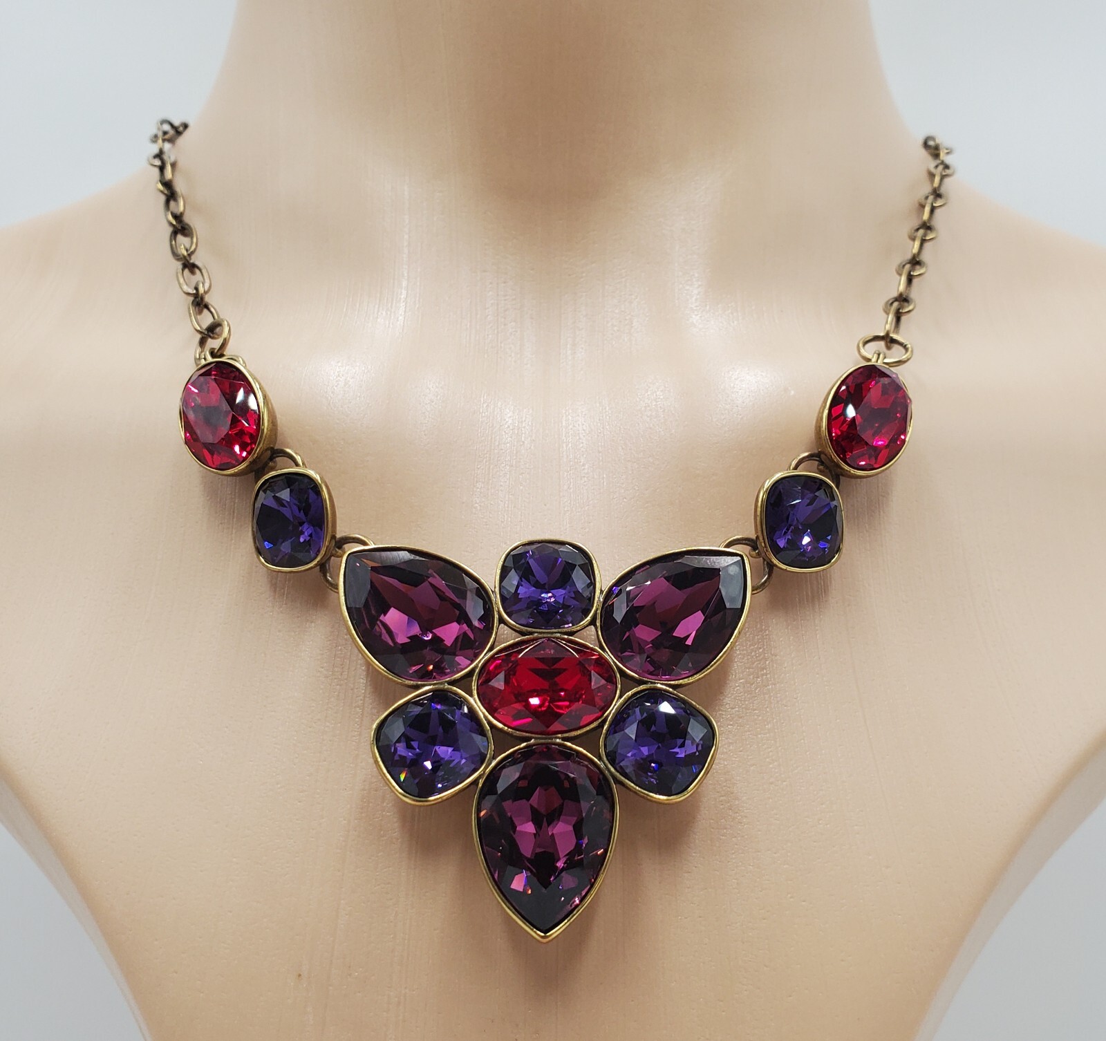 Swarovski Crystal Necklace 18in Brass Tone Red Blue Purple Crystallized TC NEW