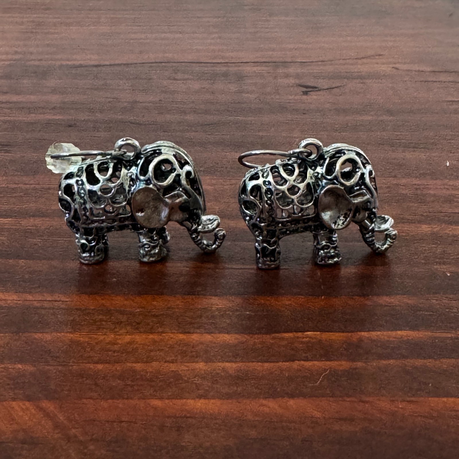 Silver Tone 3D Filigree Elephant Dangle Earrings Wire Hook Boho Cute Animals