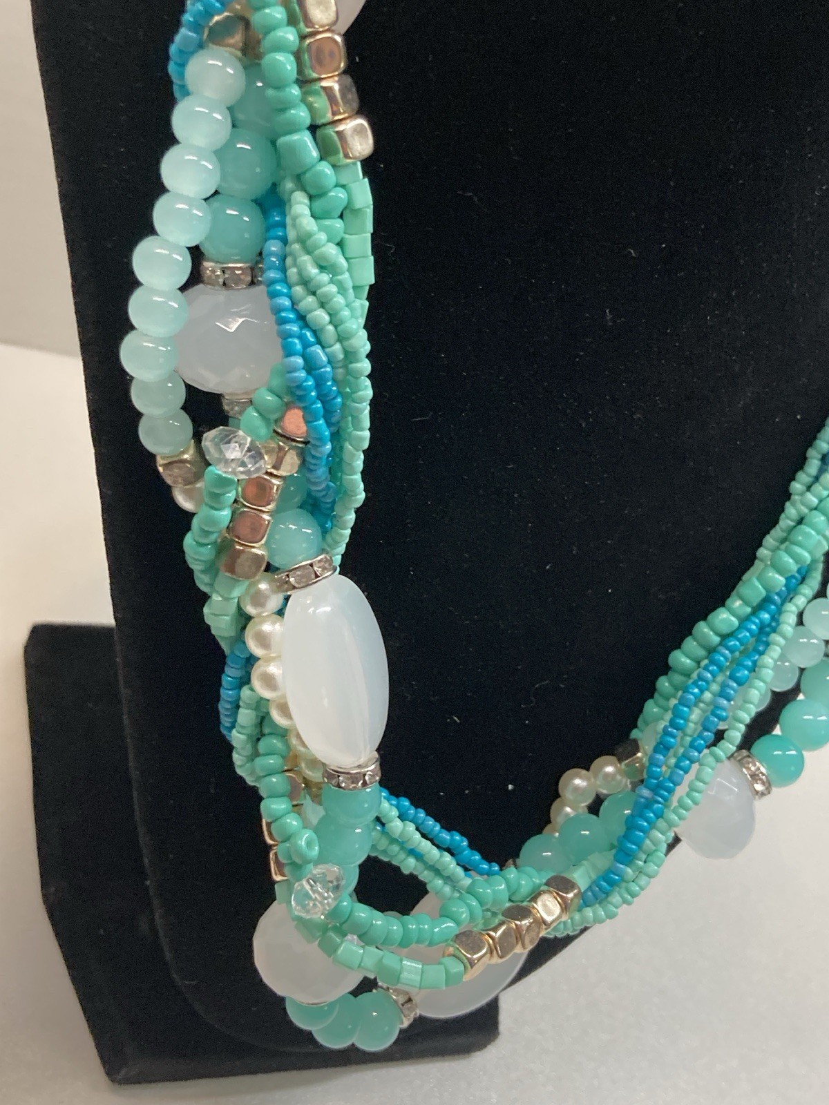Multi-Strand Statement Necklace Aqua Teal White Beads Gold Tone 19-22″
