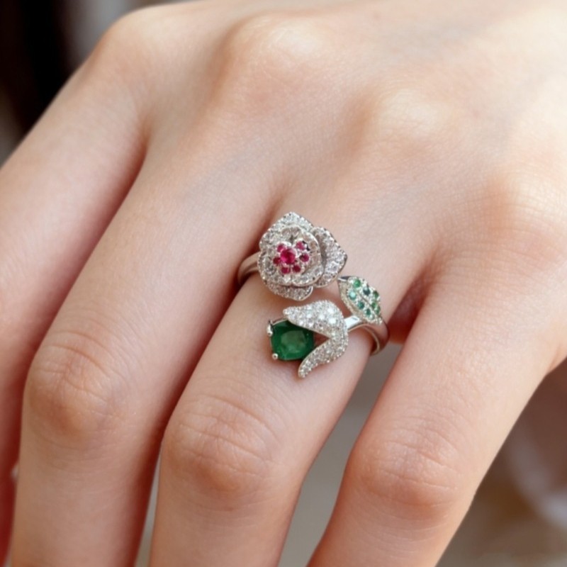 Pretty Multicolor CZ Pave Double Form Rose Elegant Women Silver Plated Open Ring