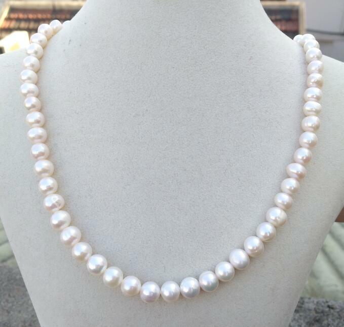 19 inch 7-8mm AAA Perfect Akoya near round white pearl necklace 14k