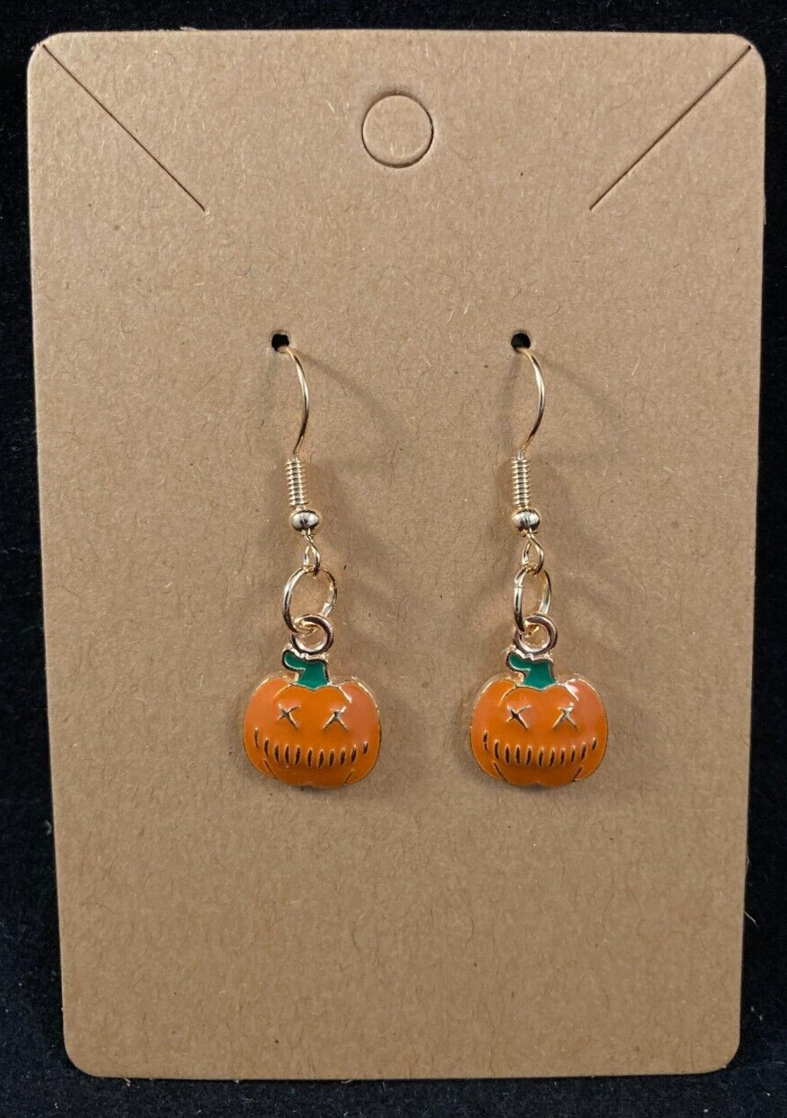 Gold Pumpkin Jack O ‘Lantern Earrings – Dangle – Halloween – Handmade