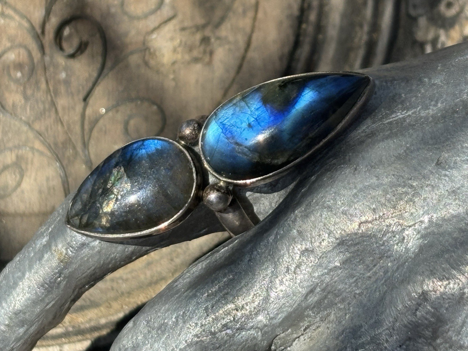 Double pear shaped labradorite gemstone silver ring size 9.25