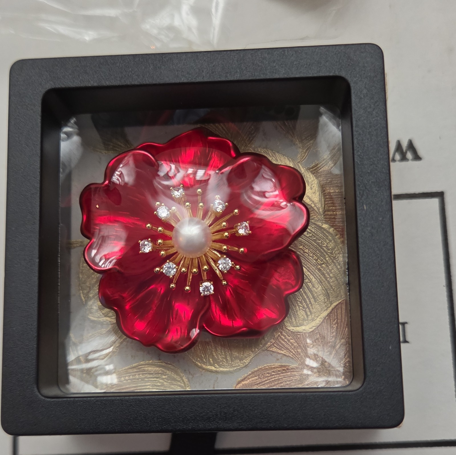Red Flower Brooch Pin Faux Pearl & Rhinestone Cluster X003YULSWX