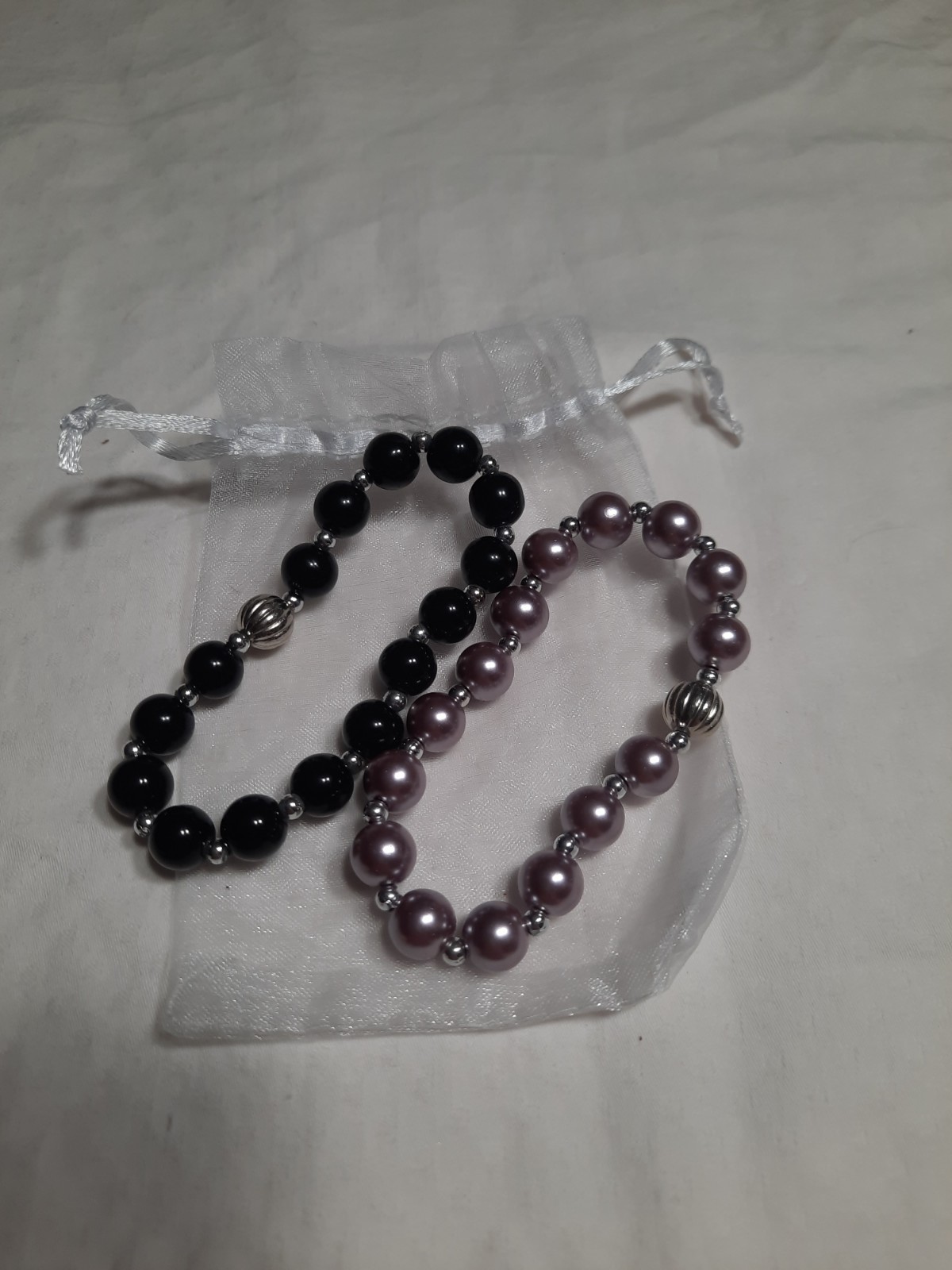 2 Beautifu Beadl Bracelets – black And Silver And Lavender And Silver. Unbranded