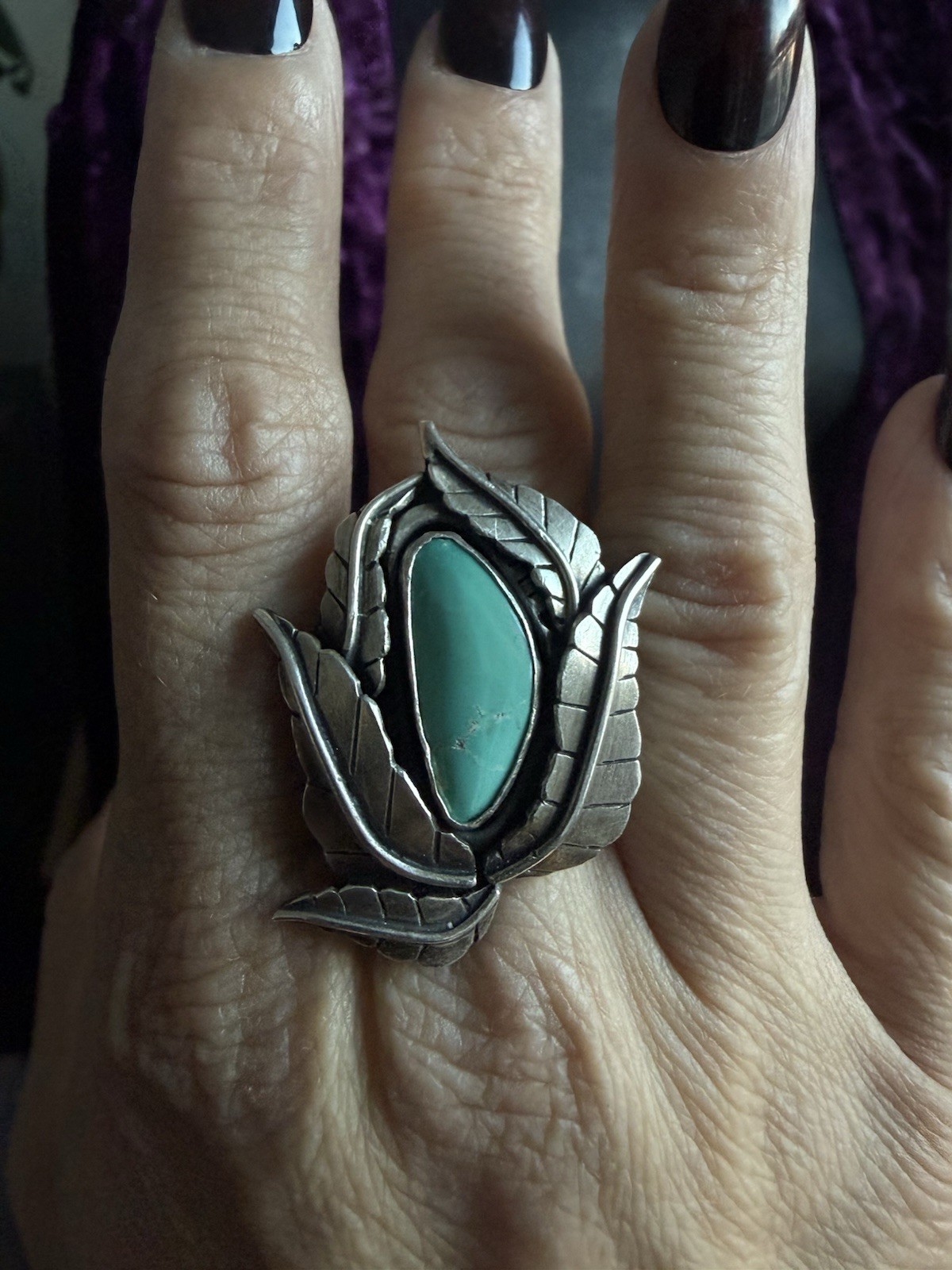925 Sterling Silver Turquoise Bezel Leaf Statement Ring Size 9 Southwest Ring