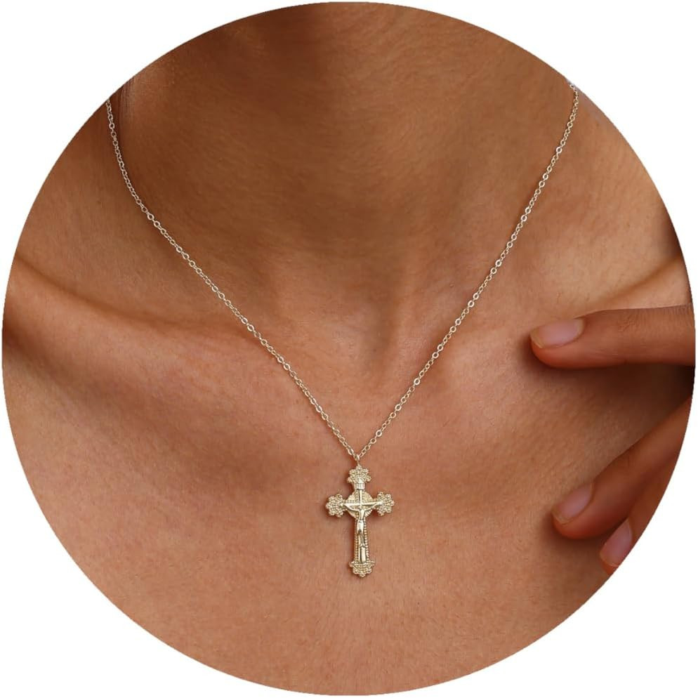 Gold Cross Necklace for Women,14K Gold Plated Cross Necklace with Crown, Cubic Z
