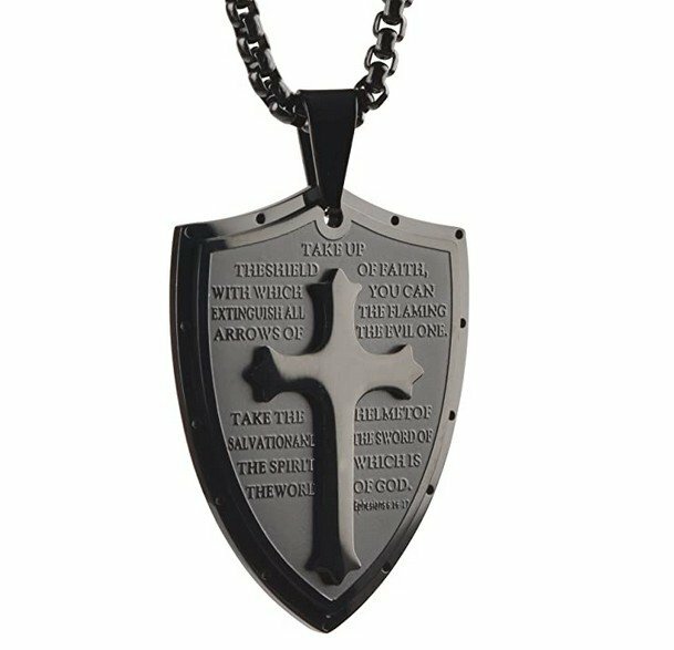 Mens Stainless Steel Shield Armor of God Cross Pendant Necklace Father’s Day Gif