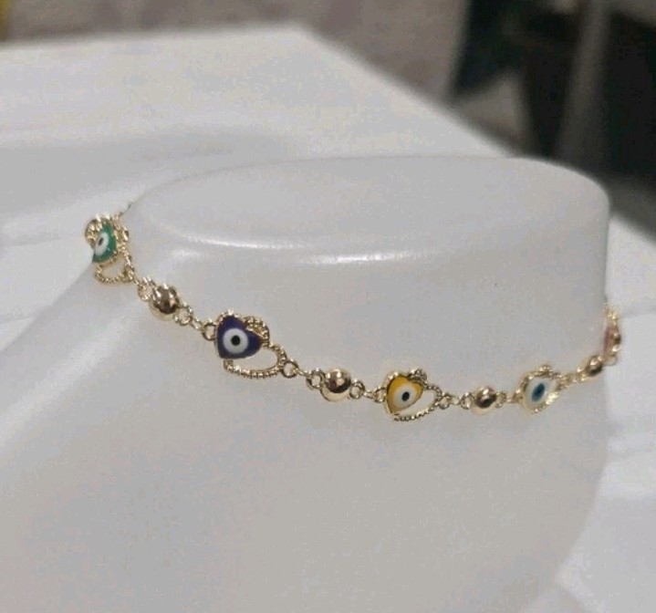 14k Gold Plated Enamel Evil Eye Heart Charm Ankle Chain, Size 8″-10″