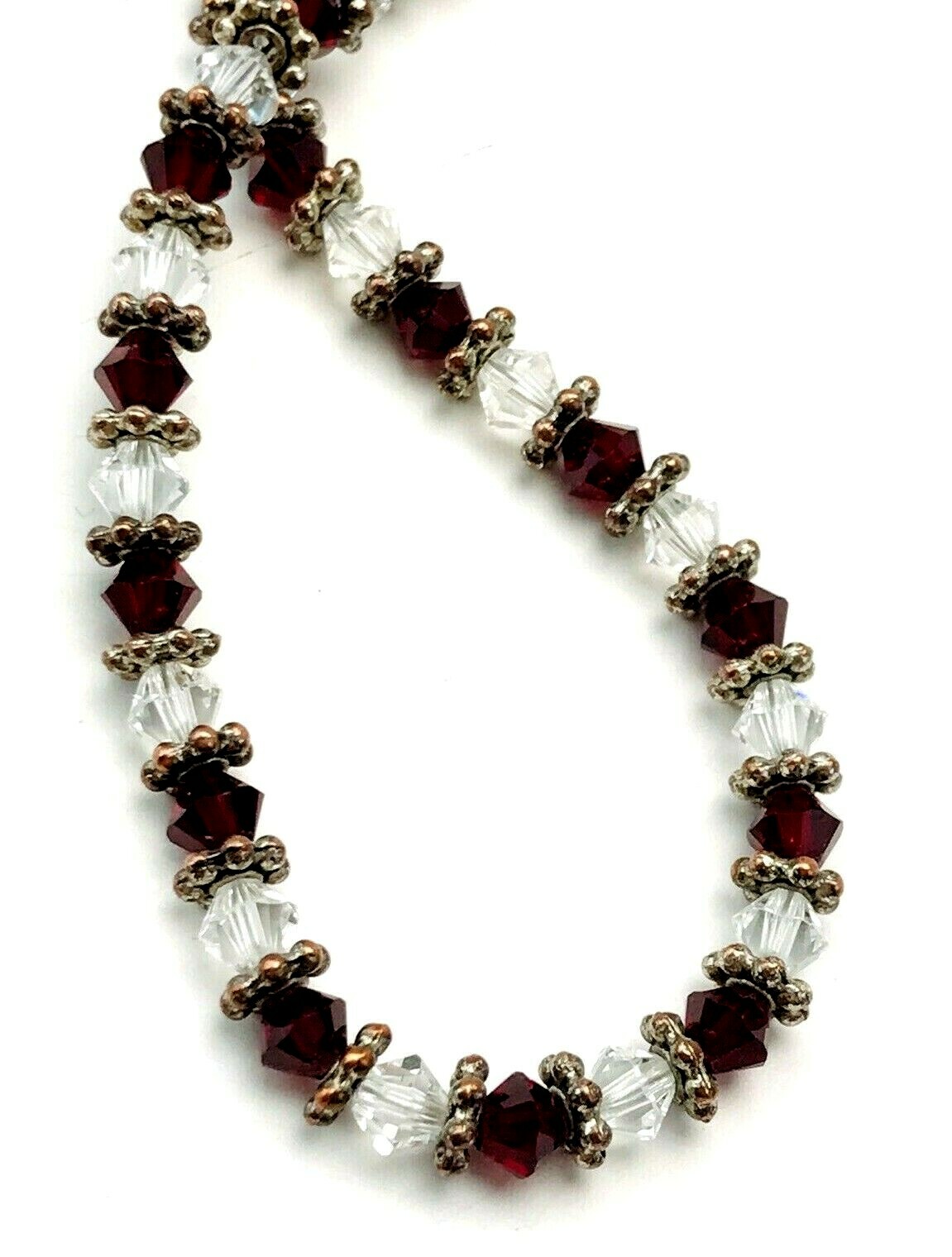 Sterling Silver Red Clear Glass Bicone Bead Bracelet 7.25″