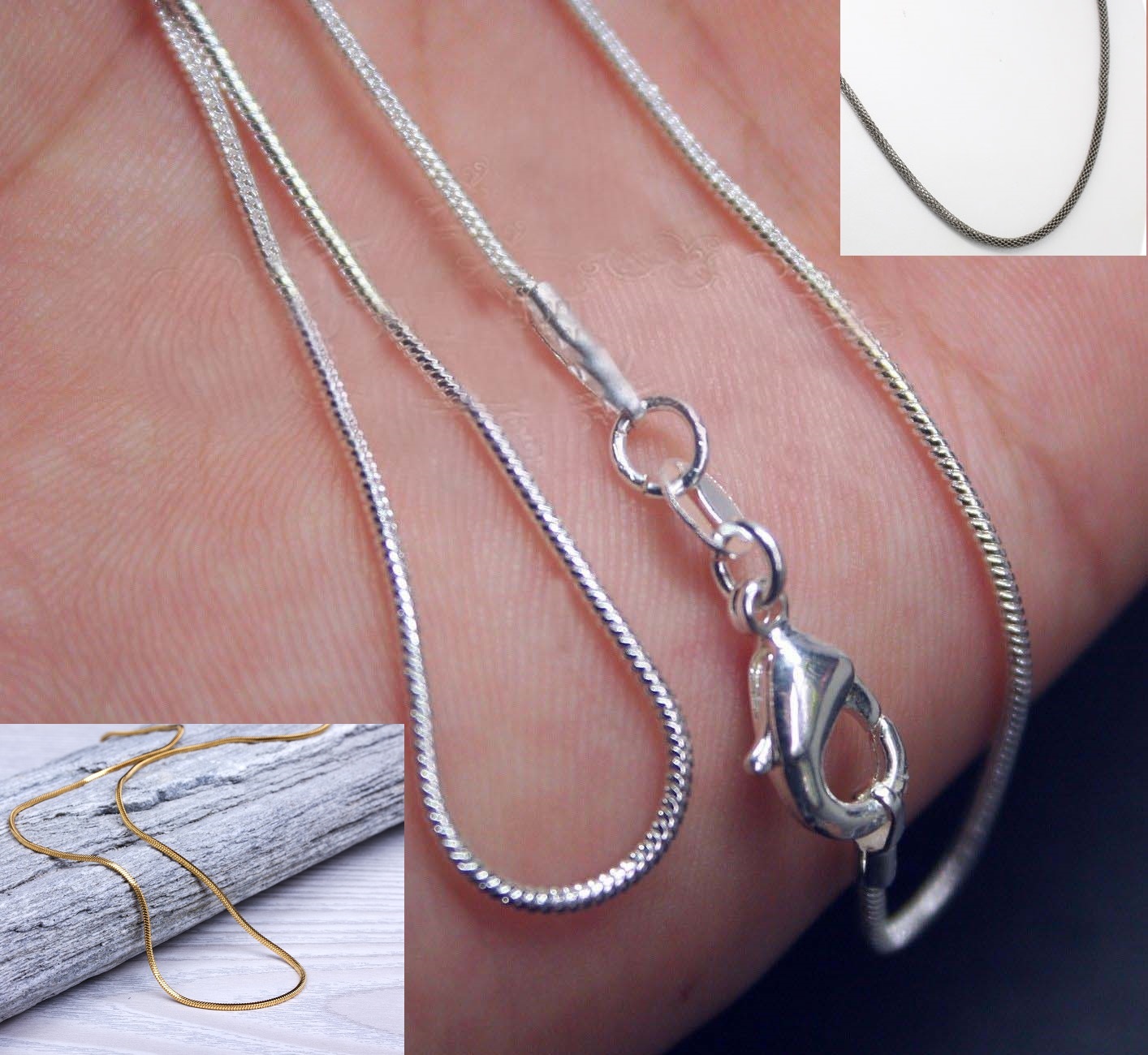 Snake Chain Necklace 16-30″ 925 Sterling Stamped, Gold, Gunmetal Plated 1 or2MM