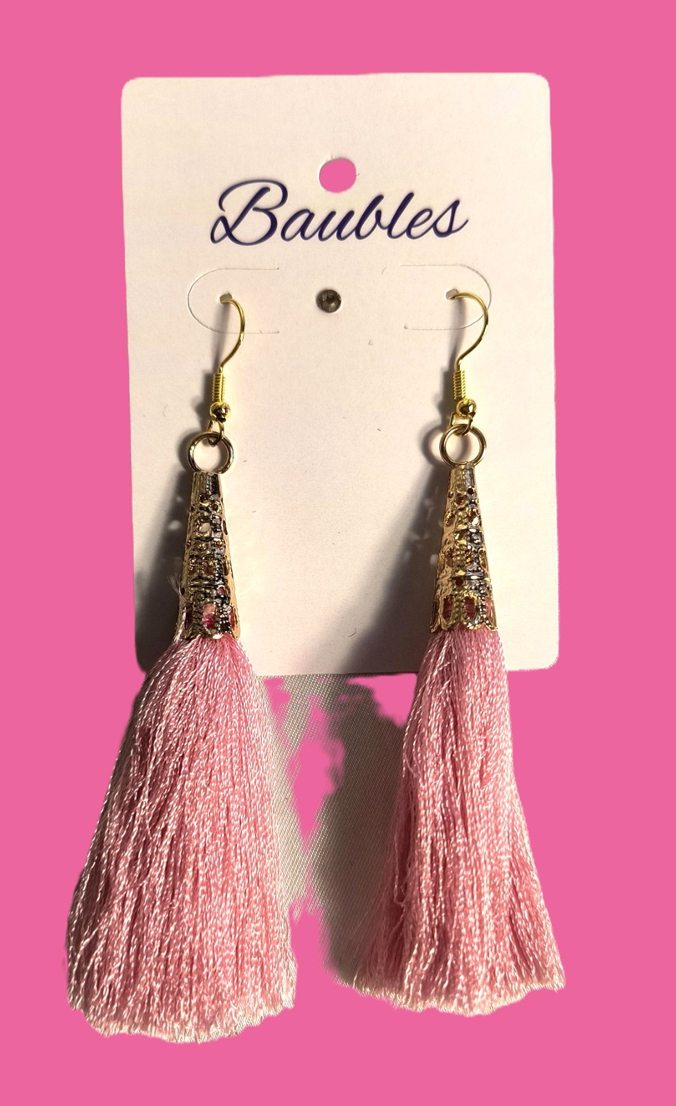 New by Baubles Pink Fringe Tassel Earrings Goldtone Cap Hook Closure 3.5 Inches