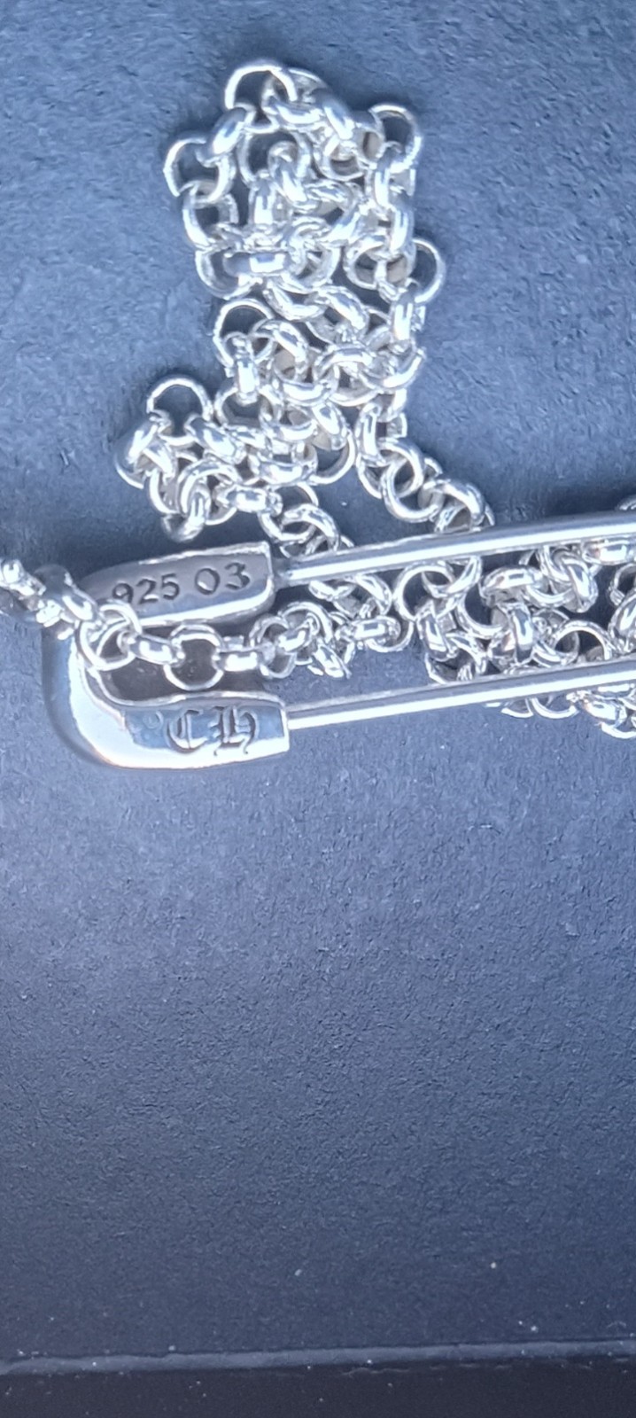 Chrome Hearts Signed 925 Sterling Silver Safety Pin Charm Cable Chain Necklace