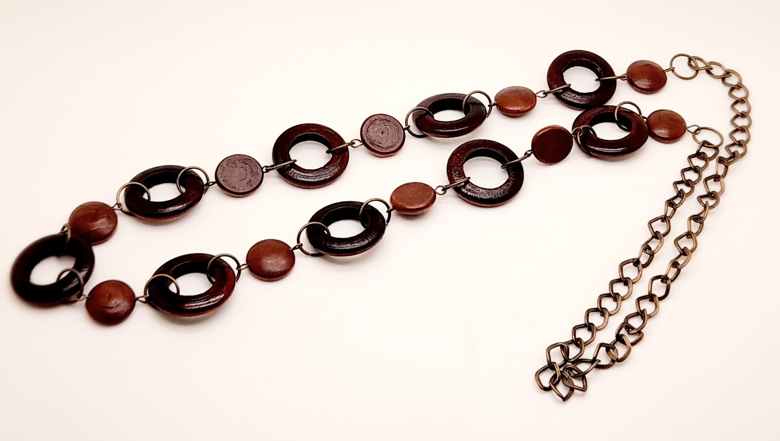 bohemian Style Dark brown wood ring & antique gold link fashion Long Necklace