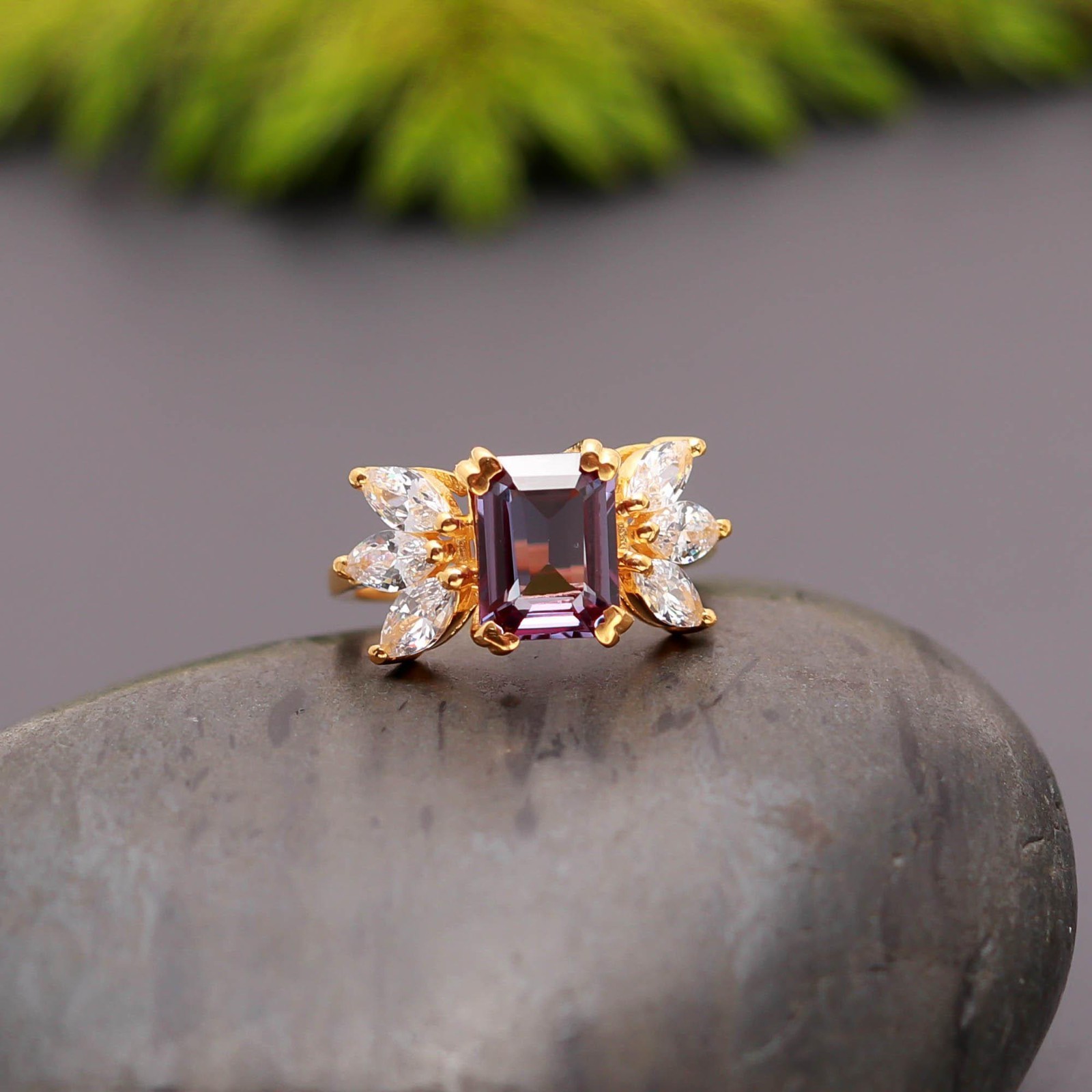 Color Changing Alexandrite Octagon Ring 925 Sterling Silver Gold Plated Jewelry